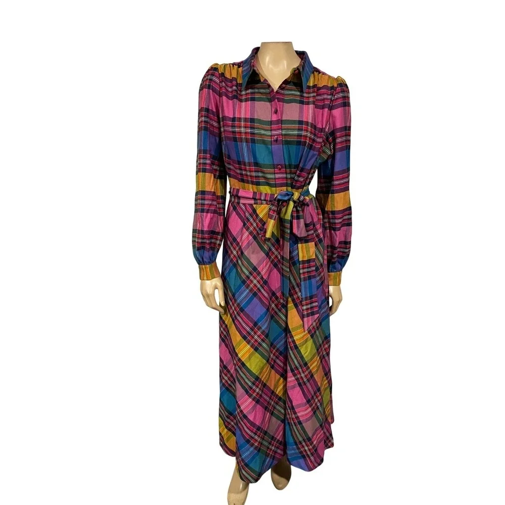 Boden Vivienne Bold Check Button Up Maxi Dress Belted Long Sleeve | Size 8 - Picture 2 of 13